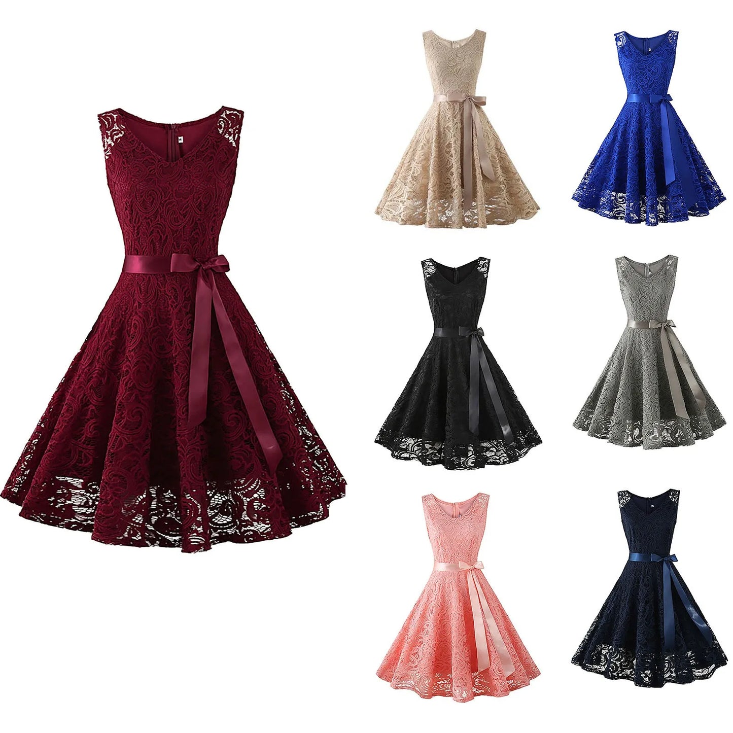 Elegant Floral Lace Overlay Sleeveless Alternative Occasion Midi Dress