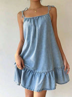 Denim Inspired Spaghetti Strap Mini Dress With Ruffle Hem Relaxed Silhouette