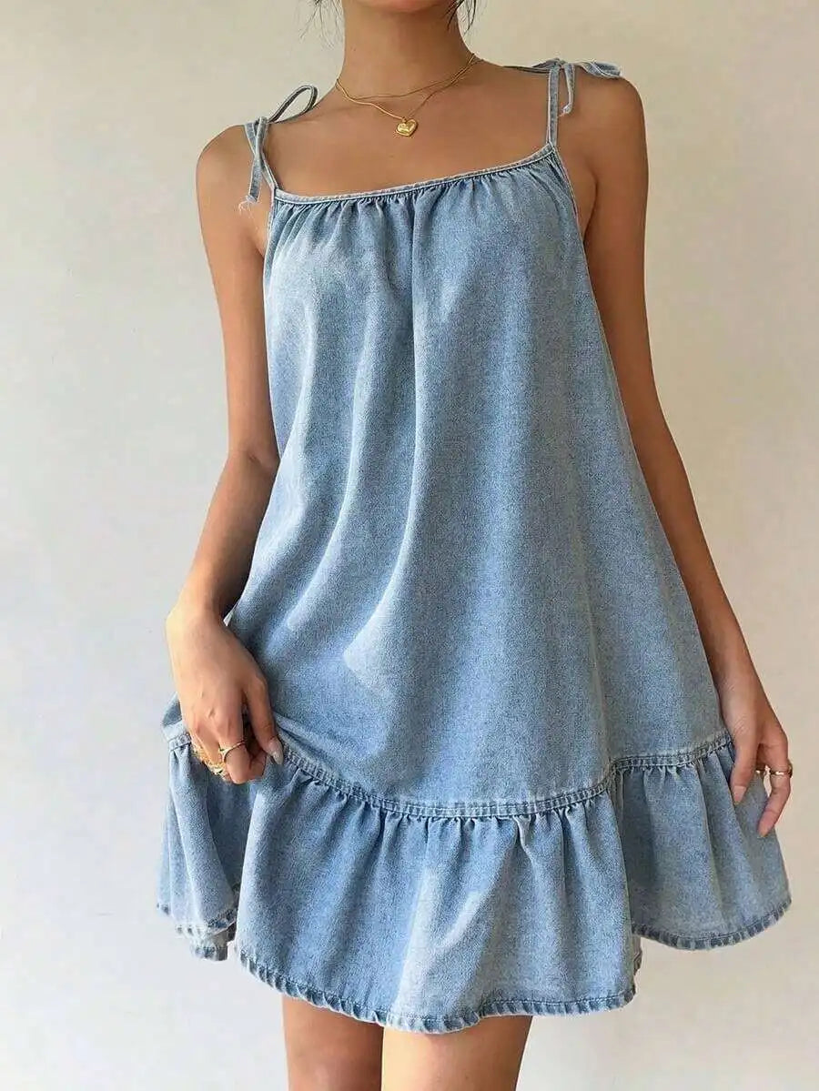 Denim Inspired Spaghetti Strap Mini Dress With Ruffle Hem Relaxed Silhouette