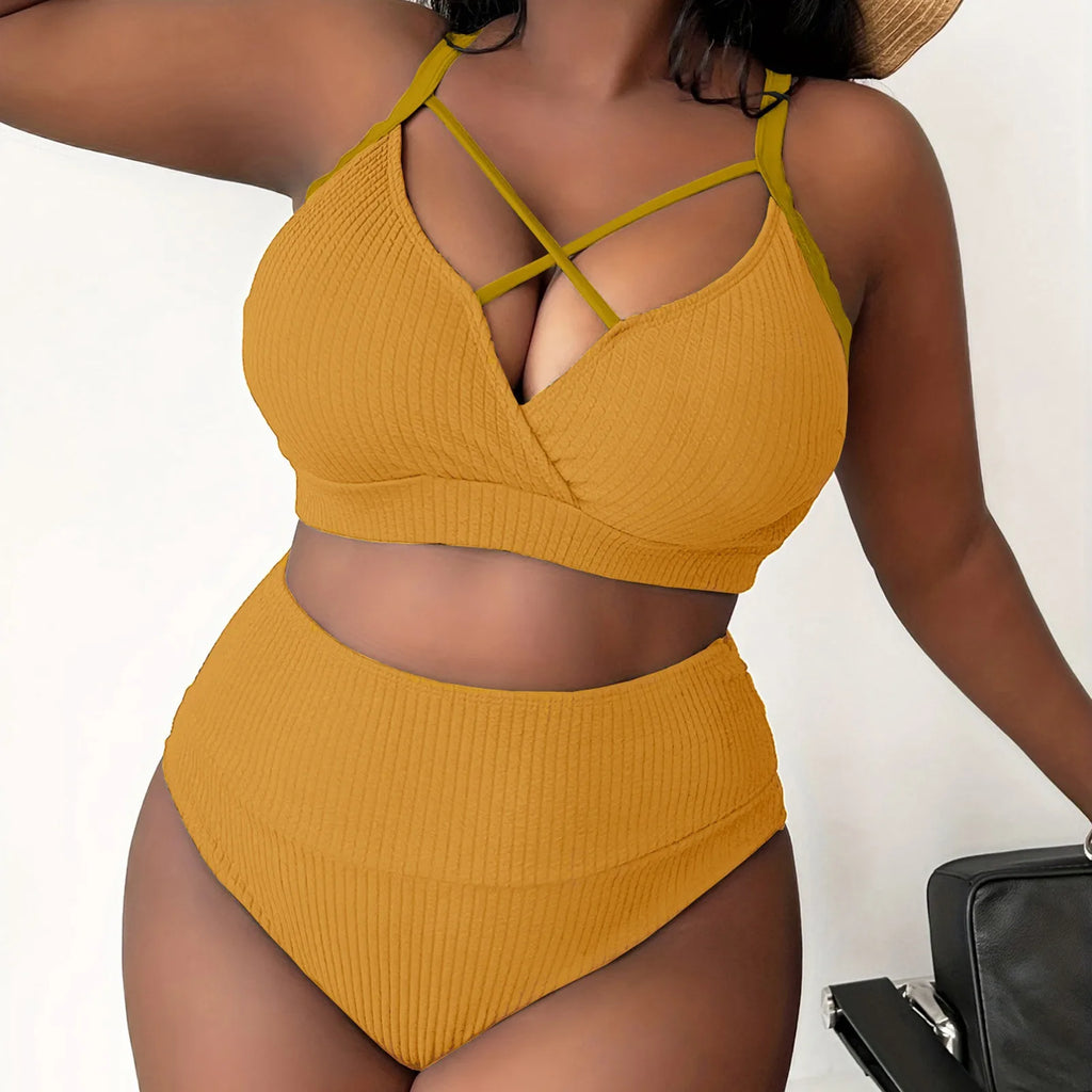 Black Textured High-Waisted Two-Piece Swimsuit with Strappy V-Neck Top and Wide Waistband Detail