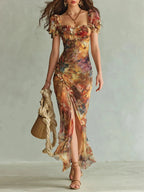 Vintage-Inspired Floral Ruched Midi Dress with Puff Sleeves and High Slit
