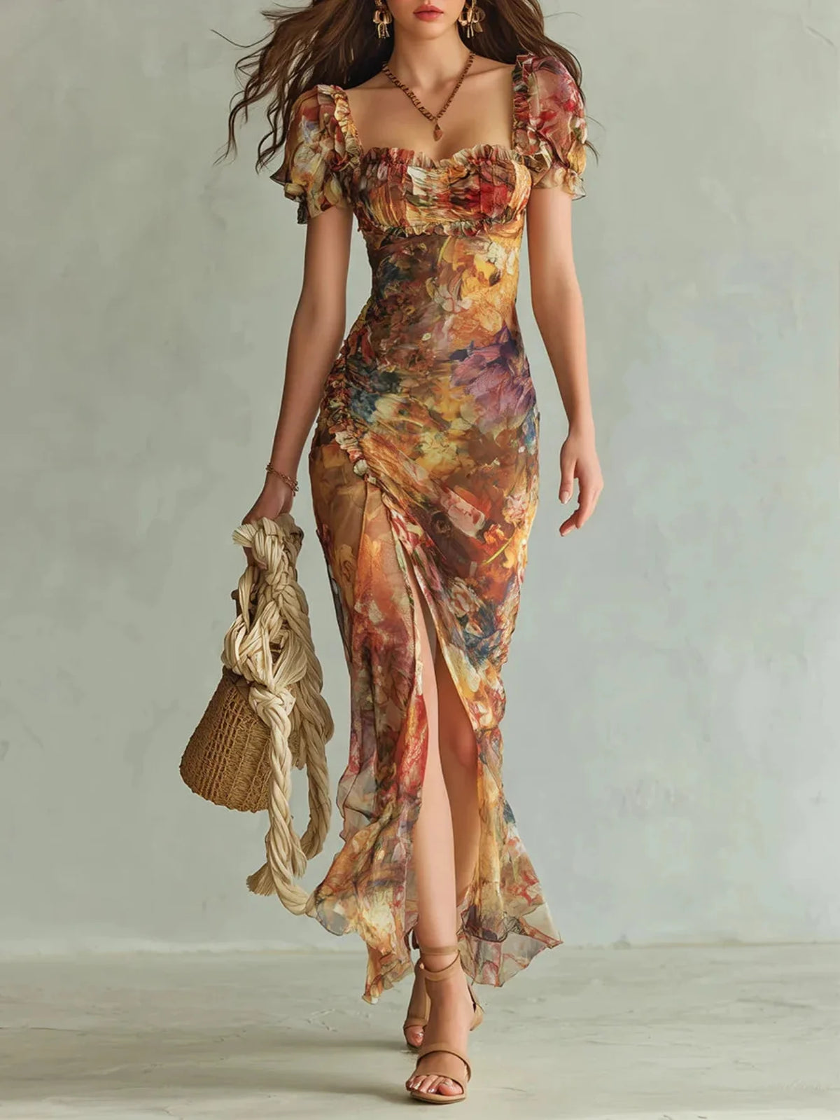 Vintage-Inspired Floral Ruched Midi Dress with Puff Sleeves and High Slit
