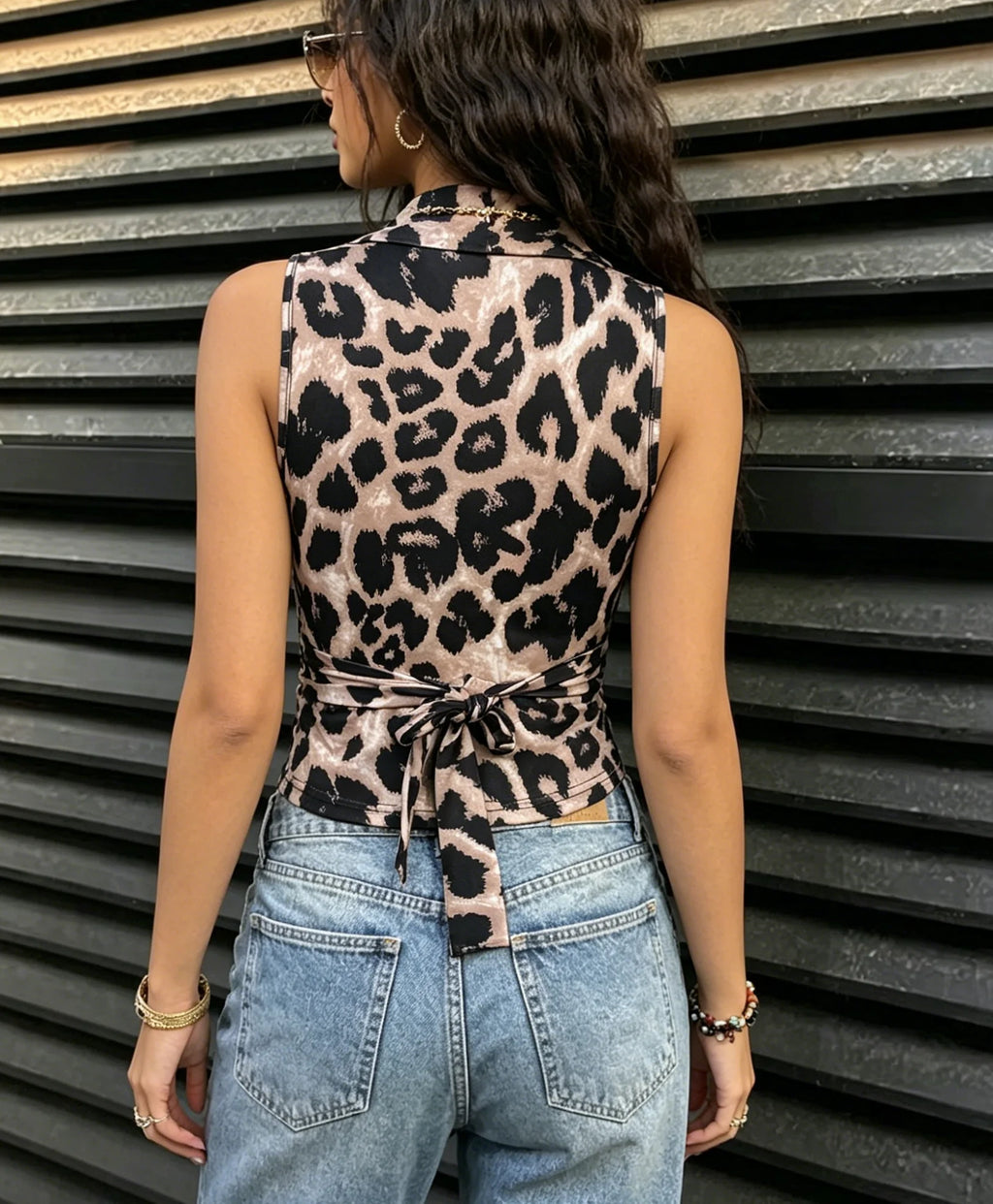Leopard Print Wrap Tank Top with Twist Front Slim Casual Streetwear Fit