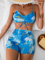 Vibrant Pink Tie-Dye High-Waisted Swim Set with Ruched Drawstring Bralette