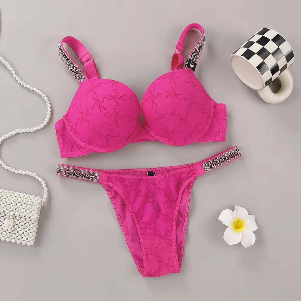 Embossed Lace Push-Up Bra and Statement Rhinestone Strap Thong Set