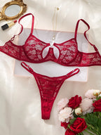 Sheer Black Floral Lace Front-Closure Bra and Thong Set