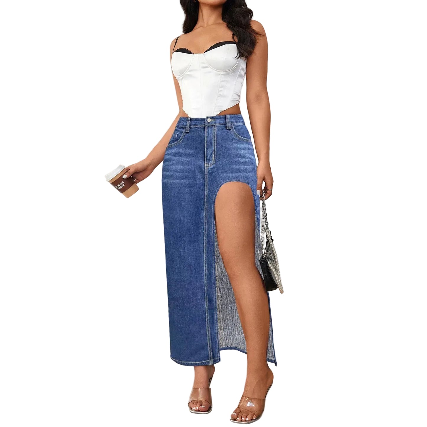 High Waist Denim Maxi Skirt with Front High Slit Contemporary Casual Everyday Style