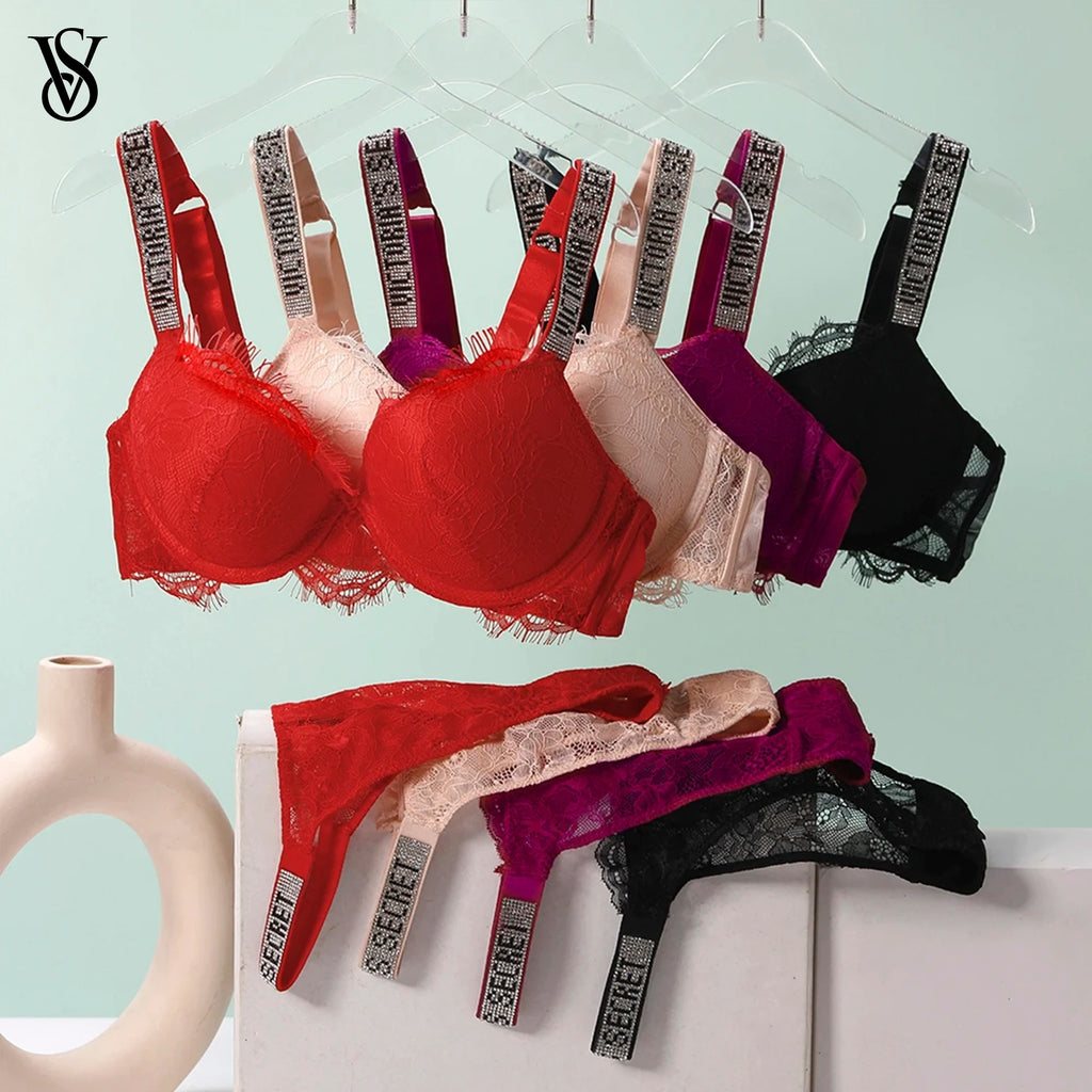 Crimson Red Contour Underwire Bra Set with Lace Trim and Embellished Straps