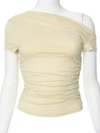 Women's Off Shoulder Ruched Crop Top for Minimalist Casual Streetwear Everyday Fashion Style