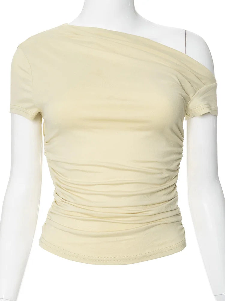 Women's Off Shoulder Ruched Crop Top for Minimalist Casual Streetwear Everyday Fashion Style