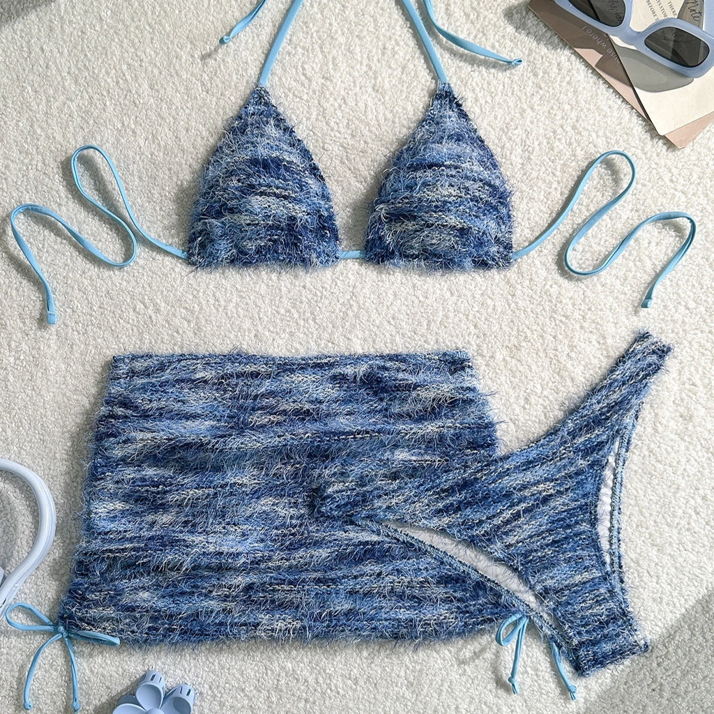 Textured Brown Three-Piece Triangle Bikini Set with Matching Ruched Skirt