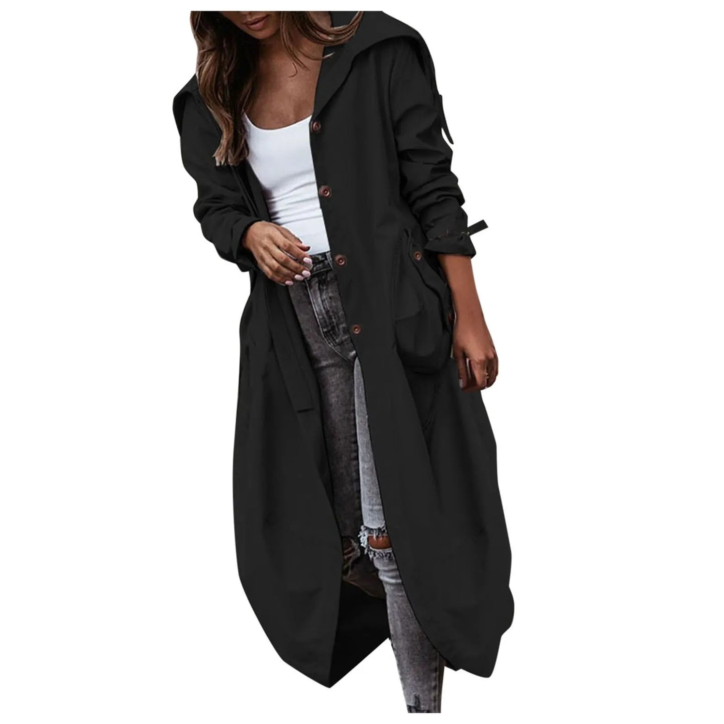 Women's Oversized Hooded Longline Trench Coat with Button Front Casual Streetwear Outerwear