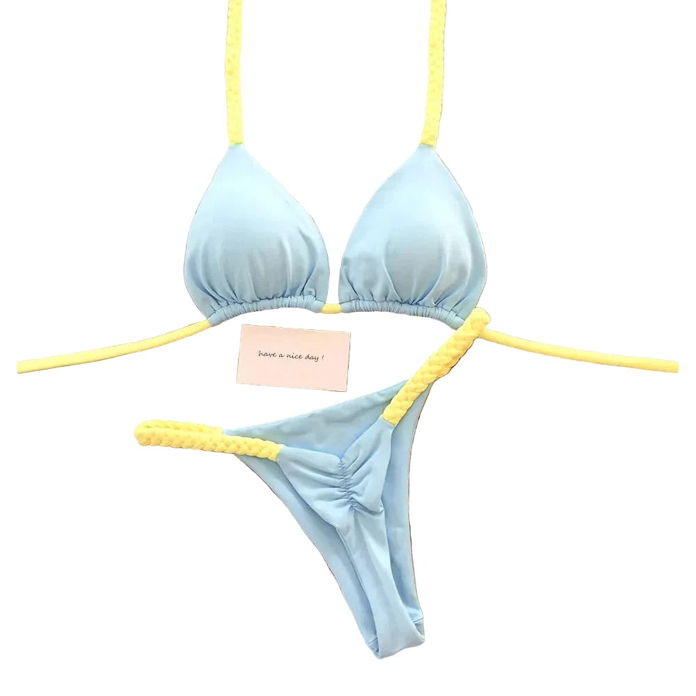 Pastel Blue Triangle Bikini with Textured Yellow Contrast Straps