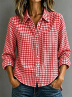 Relaxed Blue and White Gingham Button-Down Shirt with Lapel Collar and Chest Pocket
