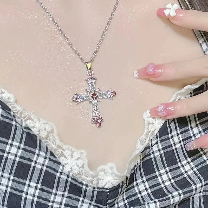 Crystal Cross Pendant Necklace for Gothic Y2K and Dark Feminine Fashion