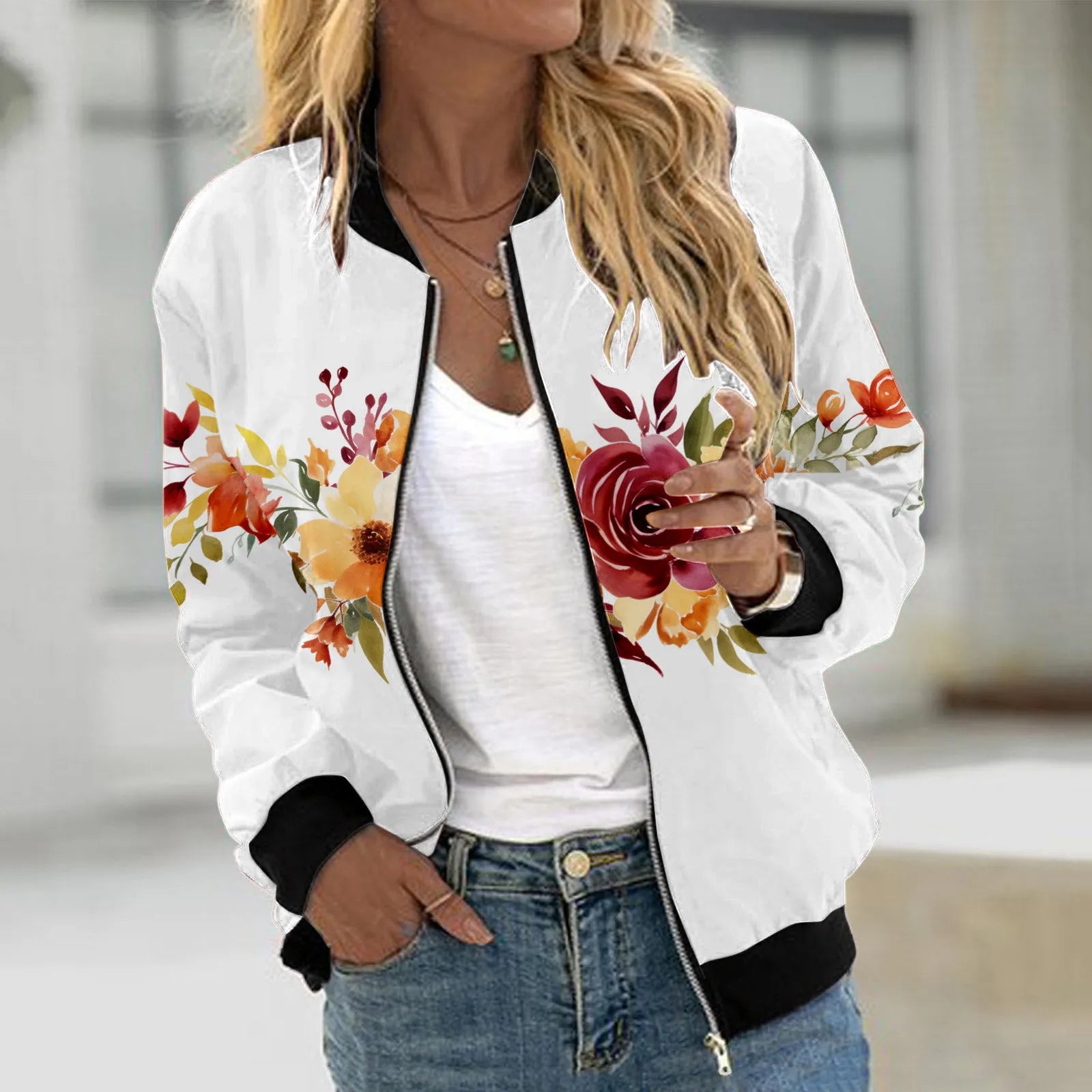 Women's Floral Print Bomber Jacket with Zip Front Contemporary Casual Streetwear Style
