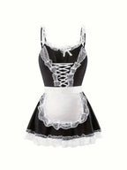 Women's Lace Trim Maid-Inspired Mini Dress Set with Apron and Hair Accessory