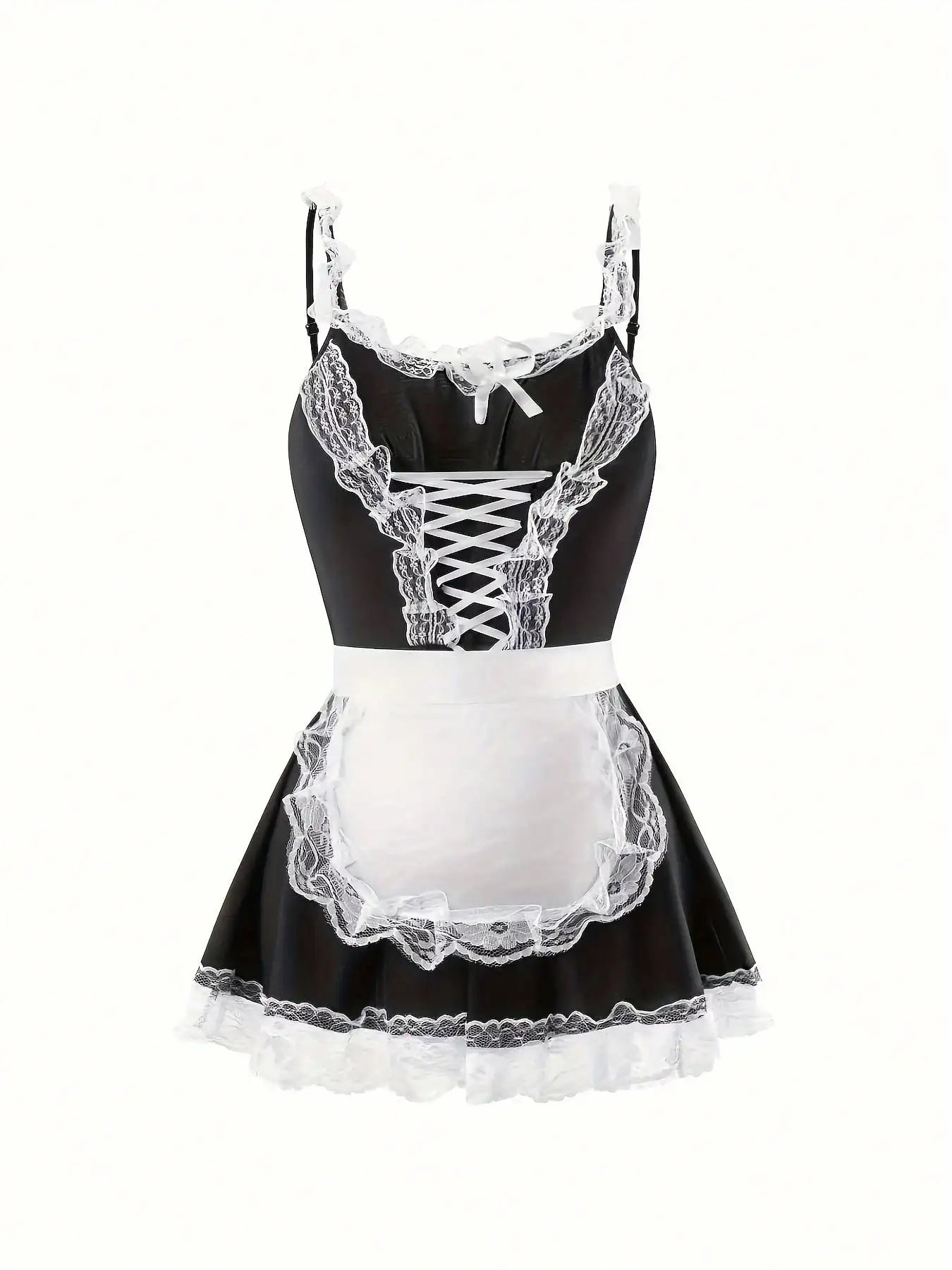 Women's Lace Trim Maid-Inspired Mini Dress Set with Apron and Hair Accessory