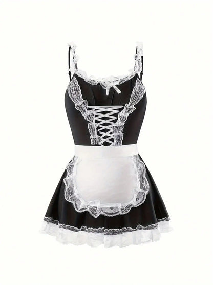 Women's Lace Trim Maid-Inspired Mini Dress Set with Apron and Hair Accessory