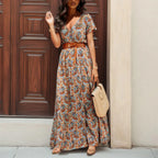 Floral Print A-Line Maxi Dress with Belt and Short Sleeves