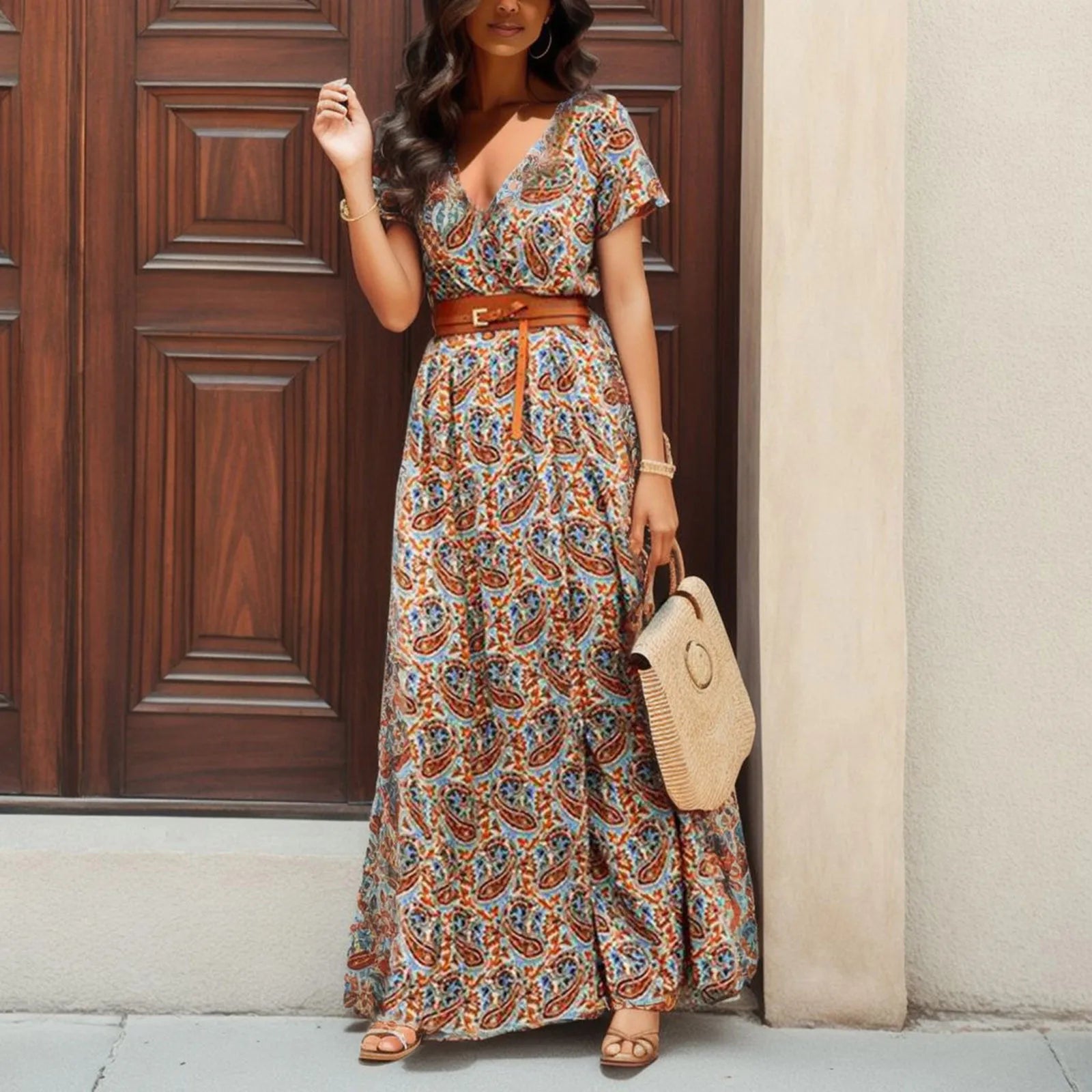 Floral Print A-Line Maxi Dress with Belt and Short Sleeves