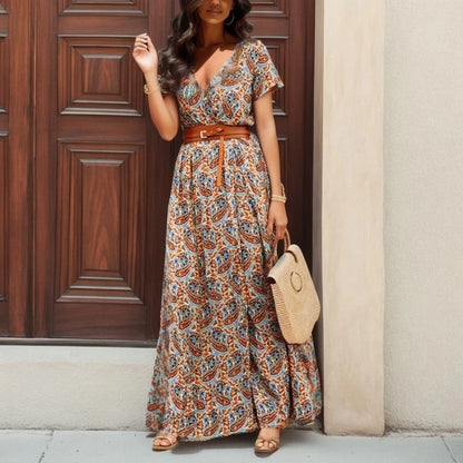 Floral Print A-Line Maxi Dress with Belt and Short Sleeves