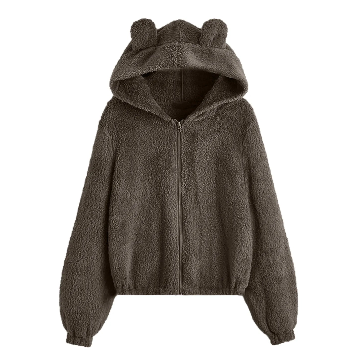 Women's Plush Zip-Up Hoodie with Bear Ear Hood Relaxed Casual Everyday Style