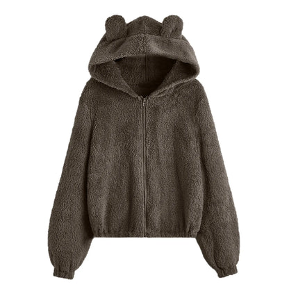 Women's Plush Zip-Up Hoodie with Bear Ear Hood Relaxed Casual Everyday Style