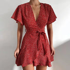 Flutter Sleeve Floral Wrap Style Mini Dress for Vacation and Everyday Wear