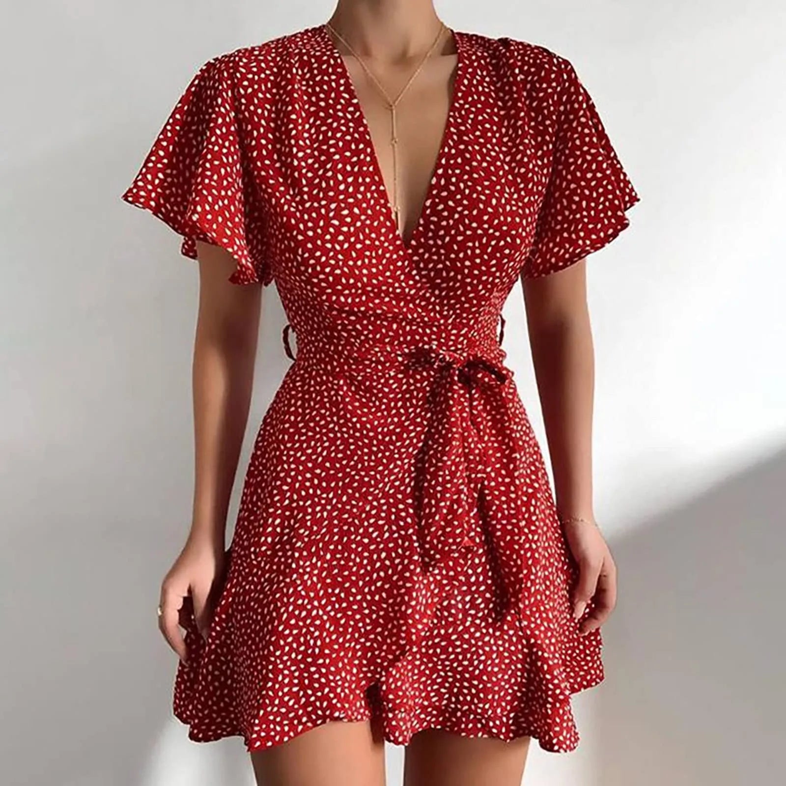 Flutter Sleeve Floral Wrap Style Mini Dress for Vacation and Everyday Wear