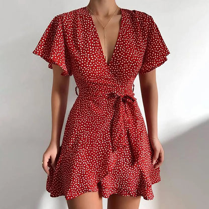 Flutter Sleeve Floral Wrap Style Mini Dress for Vacation and Everyday Wear
