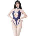 Navy Blue Cutout Bodysuit with Contrast Piping and Strappy Hip Detailing