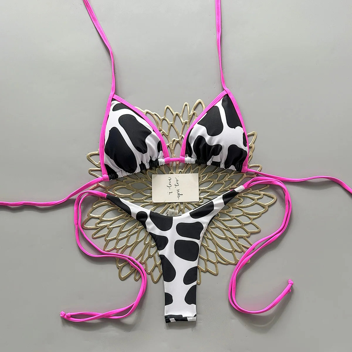 Bold Cow Print Triangle String Bikini with Neon Pink Binding