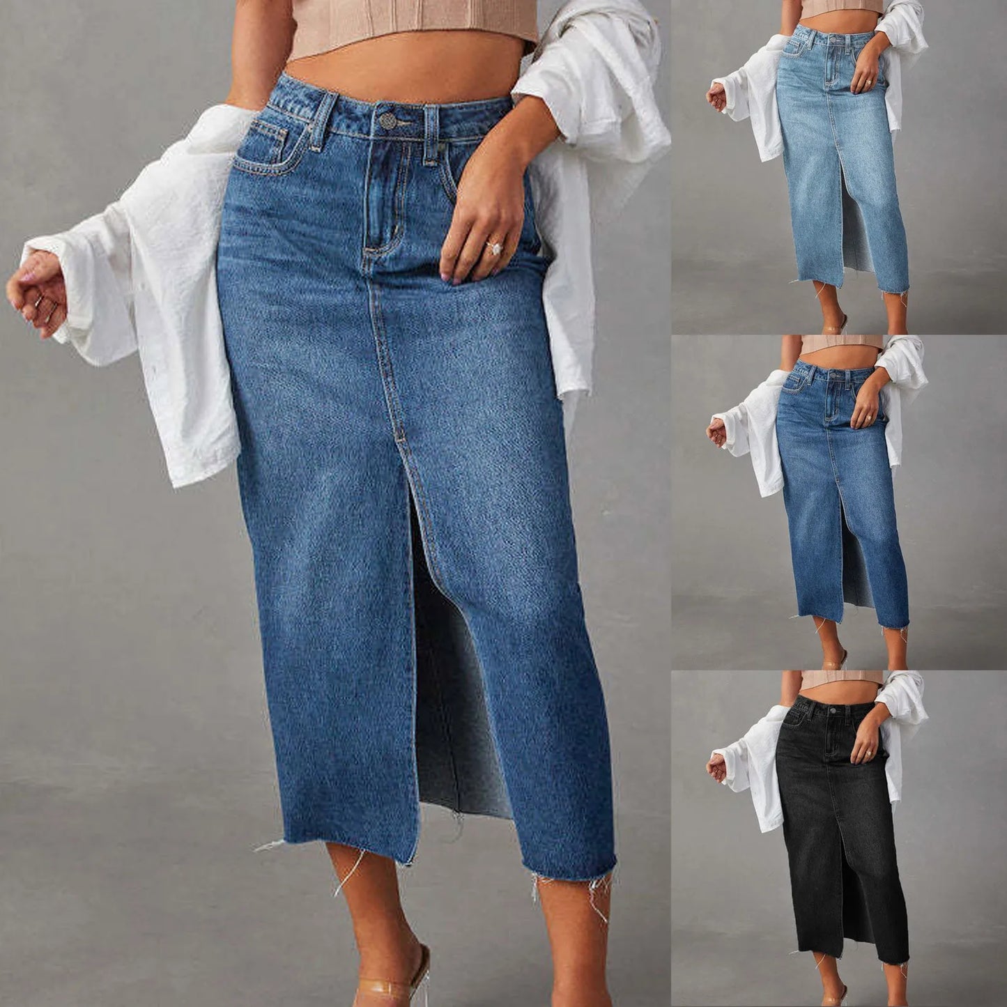High Waist Denim Midi Skirt with Front Slit Casual Contemporary Everyday Fashion