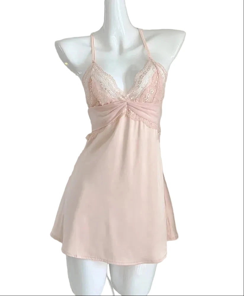 Delicate Blush Pink V-Neck Chemise with Intricate Sheer Lace Bodice