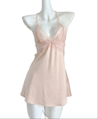 Delicate Blush Pink V-Neck Chemise with Intricate Sheer Lace Bodice