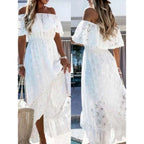 Off Shoulder Eyelet Embroidered Maxi Dress with Flowy Vacation Silhouette