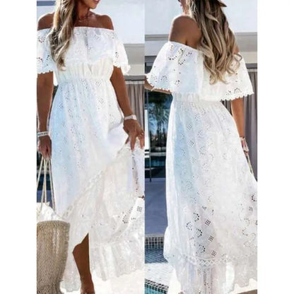 Off Shoulder Eyelet Embroidered Maxi Dress with Flowy Vacation Silhouette
