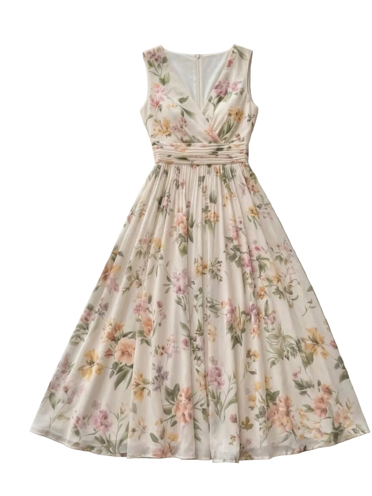 Romantic Pastel Floral Wrap-Style Midi Dress with Pleated A-Line Skirt