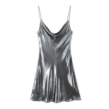 Metallic Finish Spaghetti Strap Mini Dress with Draped Cowl Neckline