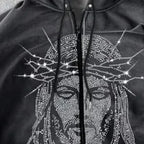 Vintage Washed Gothic Zip Hoodie With Anime Streetwear Artwork