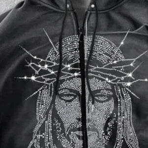 Vintage Washed Gothic Zip Hoodie With Anime Streetwear Artwork