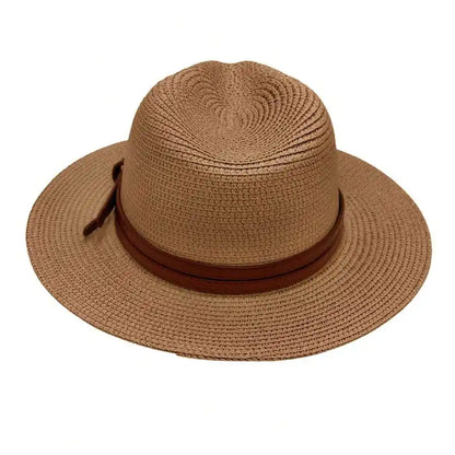 Women's Woven Straw Panama Sun Hat with Adjustable Decorative Band for Summer Outdoor Style