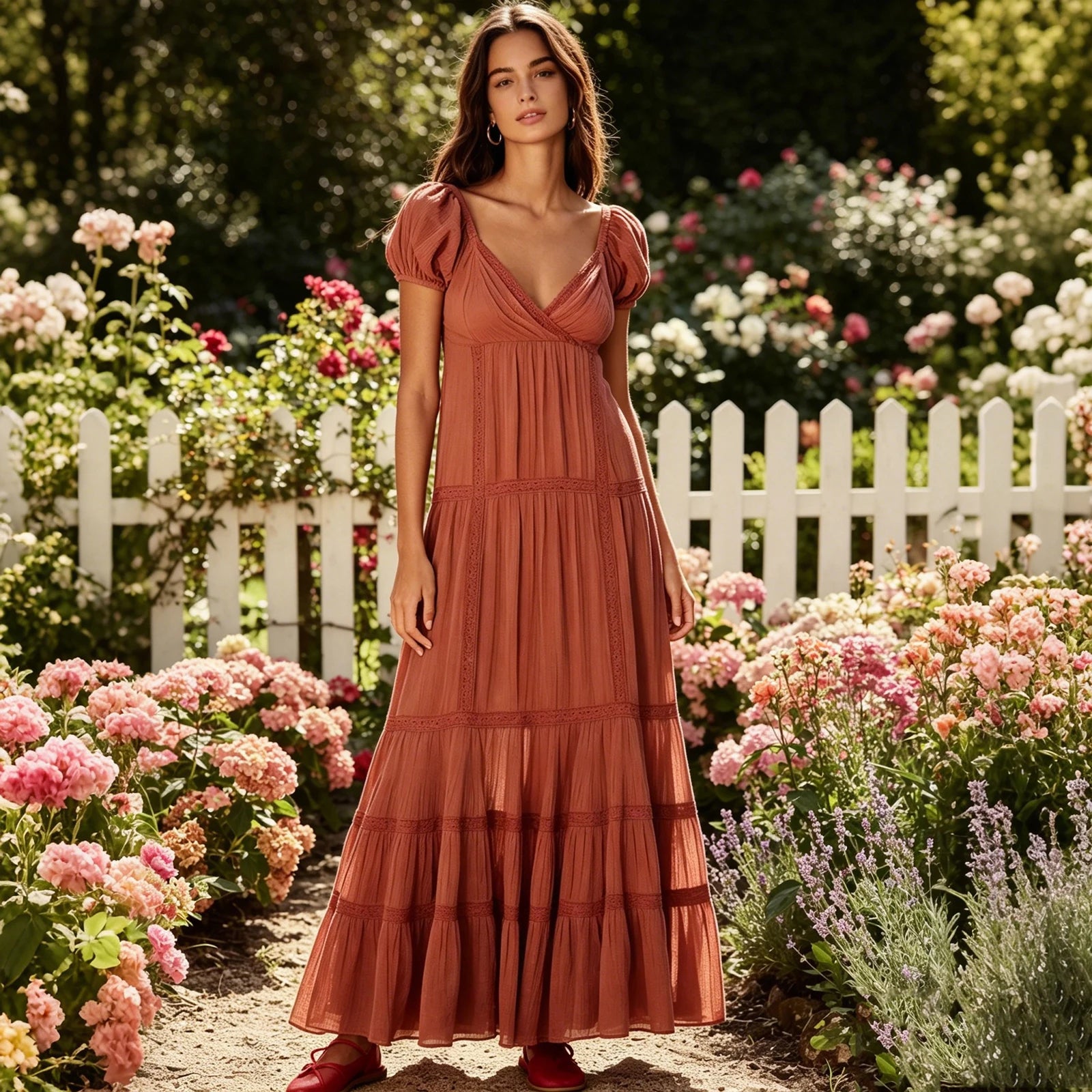 Pleated Maxi Dress With Puff Sleeves And Flowing Silhouette