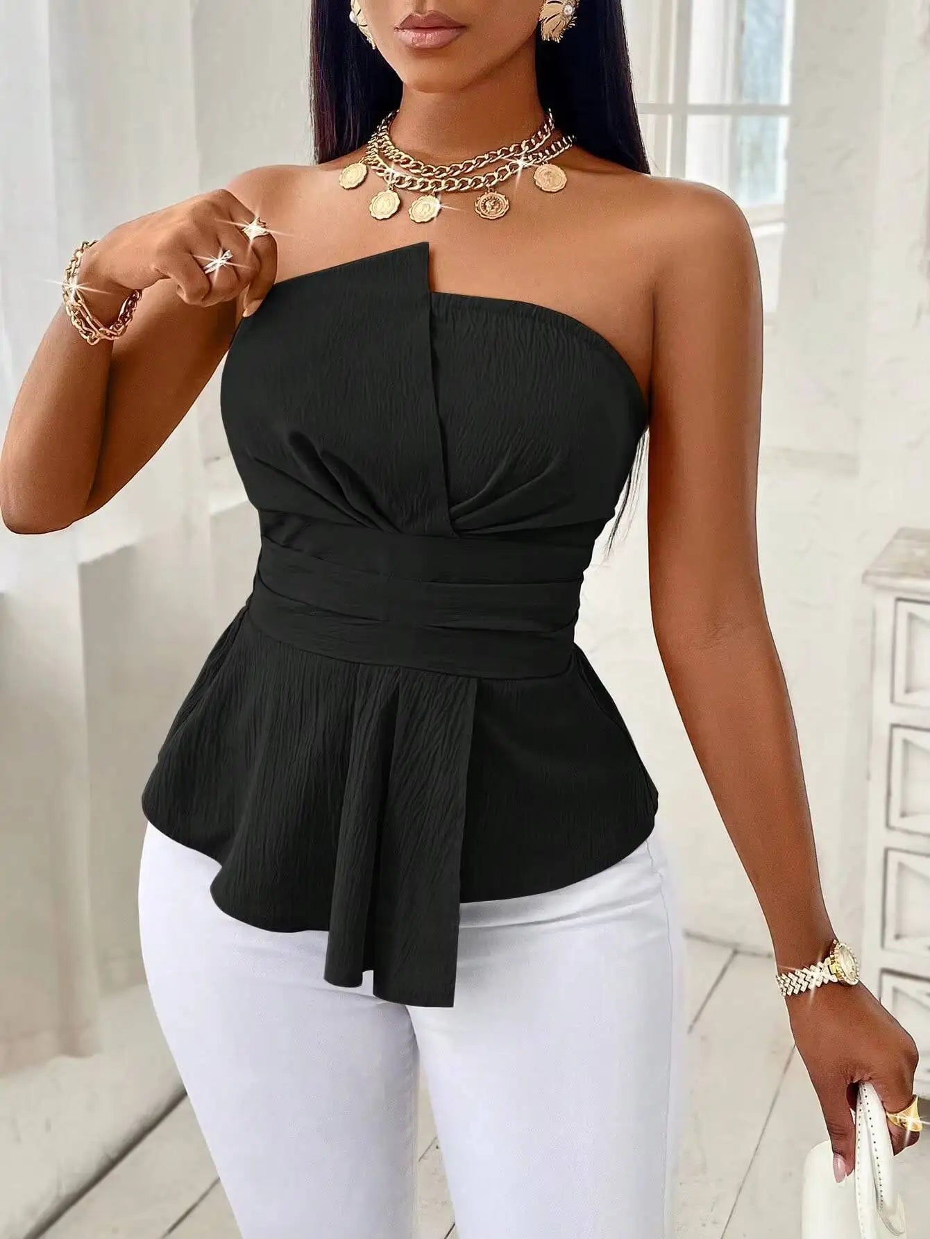 Halter Peplum Crop Top with Ruched Waist Contemporary Streetwear Slim Fit