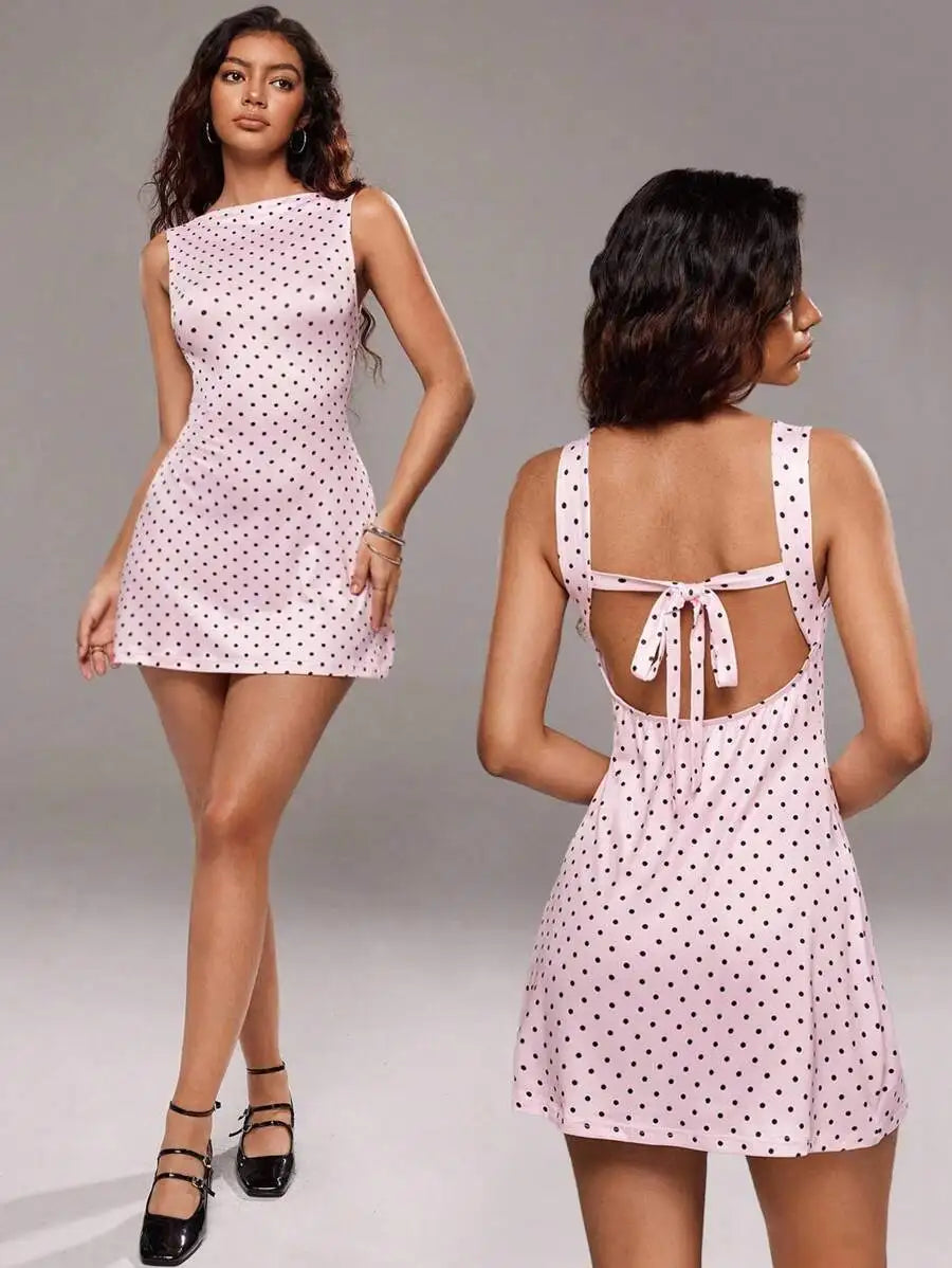 Back Tie A-Line Mini Dress with Open Back and Polka Dot Detail