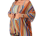 Vibrant Striped Four-Piece Swimwear Ensemble with Flowing Fringed Cover-Up