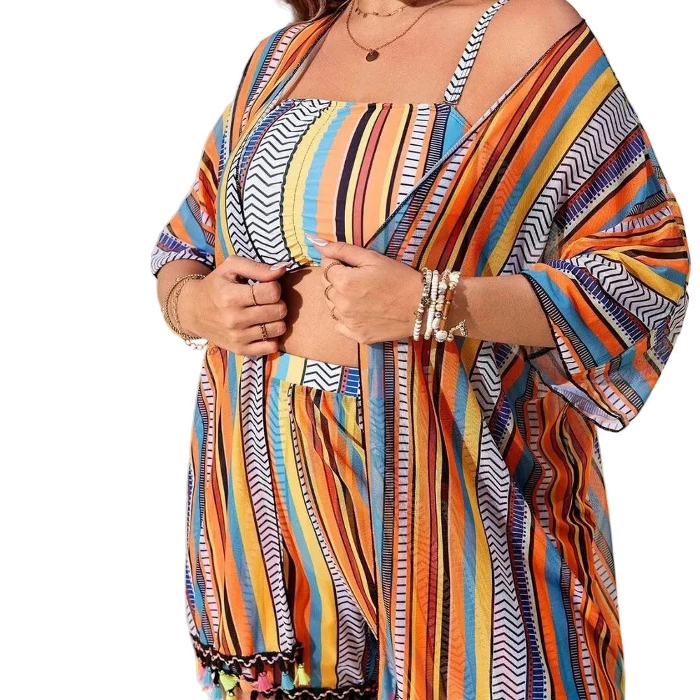 Vibrant Striped Four-Piece Swimwear Ensemble with Flowing Fringed Cover-Up