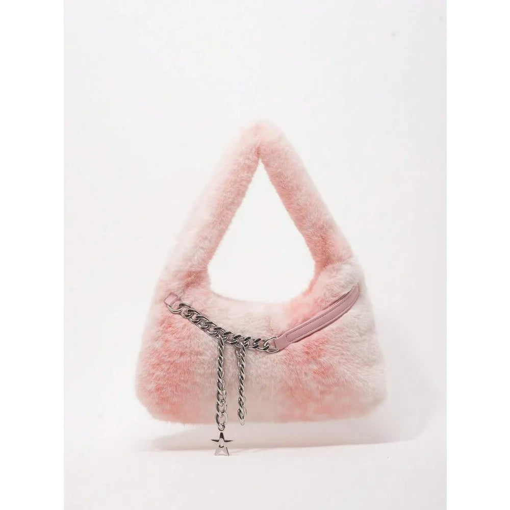 Faux Fur Hobo Shoulder Bag with Chain Detail Y2K Inspired Styling