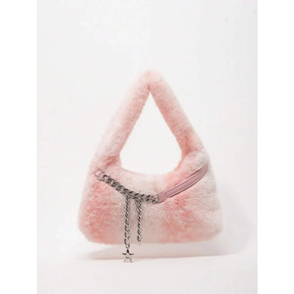 Faux Fur Hobo Shoulder Bag with Chain Detail Y2K Inspired Styling